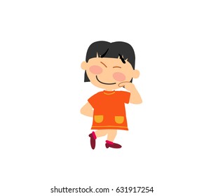 Cartoon character girl shy; isolated vector illustration.