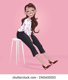 Cartoon character. The girl is sitting on a chair. Colored vector illustration on a pink background.