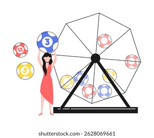 Cartoon Character Girl Slot and Fortune Wheel with Lottery Balls Casino Concept Flat Design Style and Line Elements. Vector illustration