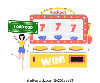 Cartoon Character Girl Slot and Machine with One Arm Casino Concept Flat Design Style and Line Art Elements. Vector illustration