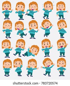 Cartoon character girl with sweater. Set with different postures, attitudes and poses, always in positive attitude, doing different activities in vector vector illustrations.
