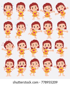 Cartoon character girl in a swimsuit. Set with different postures, attitudes and poses, always in negative attitude, doing different activities in vector vector illustrations.