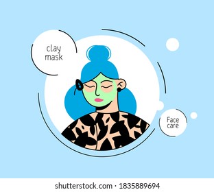 Cartoon character girl takes care of her face. Doodle style vector illustration. Various facial treatments. Vector illustration. Facial care, beauty, cosmetics, make-up, healthy lifestyle