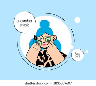 Cartoon character girl takes care of her face. Doodle style vector illustration. Various facial treatments. Vector illustration. Facial care, beauty, cosmetics, make-up, healthy lifestyle