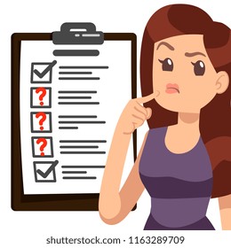 Cartoon character girl thinks about her checklist. Bad time management vector illustration