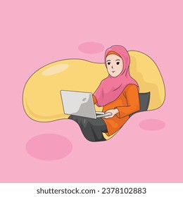 Cartoon character girl use a laptop