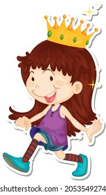 Cartoon character of a girl wearing crown sticker illustration