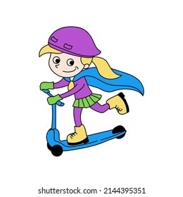 Cartoon Character Girl Wearing Superhero Costum driving Scooter. 