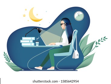 Cartoon character with girl working late in the office.  Potential concept. Business woman, freelancer, new project, deadline, girl-boss vector