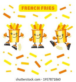 Cartoon character glass with fries. Set of funny fast food stickers. French fries.