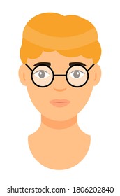 Cartoon character in glasses. Concept of avatar of young man with bad eyesight. Isolated at white background portrait of caucasian person. Blond-haired adult guy. Handsome male. Face of white man