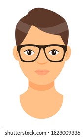 Cartoon character in glasses. Concept of avatar of young man with bad eyesight. Isolated at white background portrait of caucasian person. Brown-haired adult guy. Handsome male. Face of white man