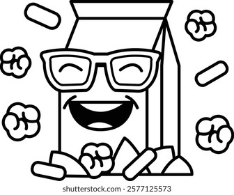 A cartoon character with glasses is smiling and surrounded by popcorn