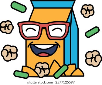 A cartoon character with glasses is smiling and surrounded by popcorn