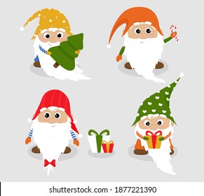 Cartoon character gnomes. Cute Scandinavian gnomes in Christmas hats in cartoon style. Collection of gnomes Christms isolated. Vector illustration