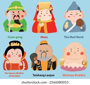 Cartoon character of the gods in Chinese mythology. Maitreya Buddha, Taishang Laojun, The Mad Monk, Jigong, Mazu, Guan gong