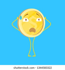 Cartoon Character Golden Coin on a Blue Wealth Concept Element Flat Design Style. Vector illustration of Currency