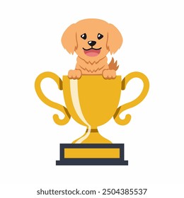 Cartoon character golden retriever dog with gold trophy cup award for design.