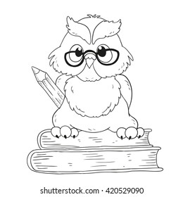 Cartoon character graduation owl with glasses. For coloring book