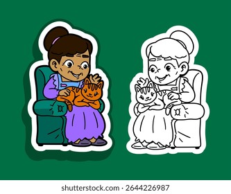 Cartoon Character of a Grandmother with a Cat