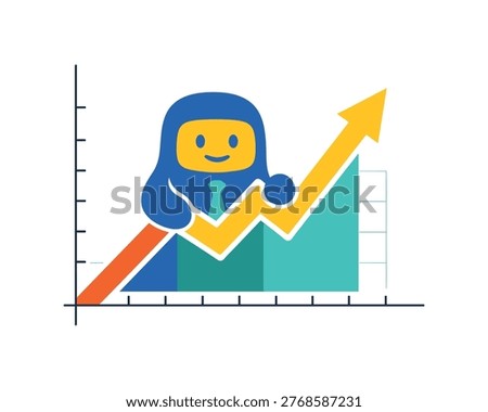 Cartoon Character with Graph Chart in Office Setting, Digital Illustration, Optimistic Outlook