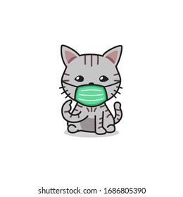 Cartoon character gray tabby cat wearing protective face mask for design.
