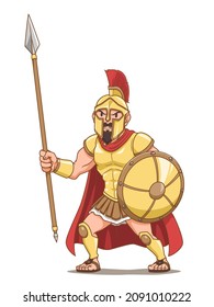 Cartoon Character Of Greek Ancient Warrior Holding Spear And Shield.