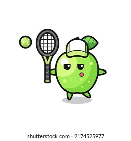Cartoon character of green apple as a tennis player , cute style design for t shirt, sticker, logo element