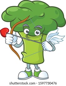 cartoon character of green broccoli Cupid having arrow and wings