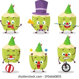 Cartoon character of green coconut with various circus shows