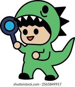 A cartoon character in a green dinosaur costume holding a magnifying glass. The character is smiling and he is curious