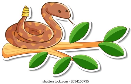 Cartoon character of green rattle snake on a branch sticker illustration