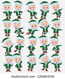 Cartoon character green Santa Claus. Set with different postures, attitudes and poses, doing different activities in isolated vector illustrations.																									