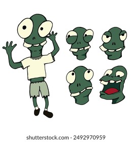 cartoon character with green skin, big eyes, and a toothy smile. It's wearing a white shirt and green shorts. The character is depicted in different poses and facial expressions