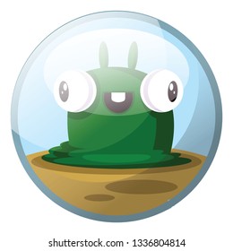 Cartoon character of a green slug monster with eyes standing out smiling and standing on brown ground vector illustration in light blue circle on white background.