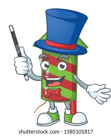 Cartoon character of green stripes fireworks rocket Magician style