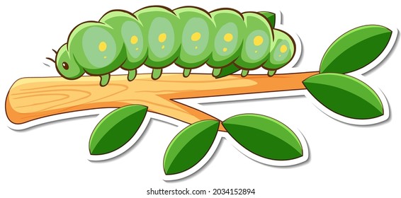 Cartoon character of green worm on a branch sticker illustration