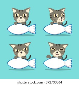 Cartoon character grey tabby cat with big fish sign