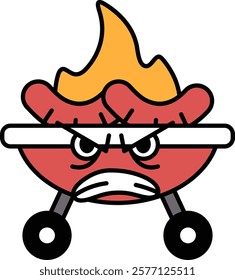 A cartoon character with a grill and a fire on it