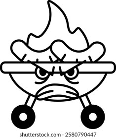 A cartoon character with a grill and a fire on it