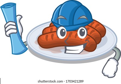 Cartoon character of grilled sausage brainy Architect with blue prints and blue helmet
