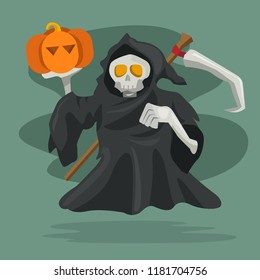 Cartoon character of grim reaper with pumpkin. Vector illustration, happy halloween