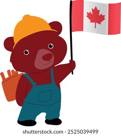 A cartoon character of a grizzly bear wearing a gold miners outfit, holding the Canada flag