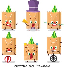 Cartoon character of grocery bag with various circus shows