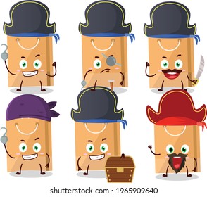 Cartoon character of grocery bag with various pirates emoticons