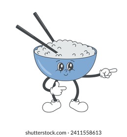 Cartoon character in groovy style bowl of rice with sushi sticks. Boy Teen. Vector illustration of EPS10.