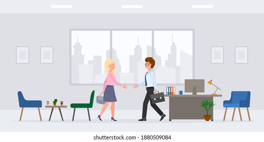 Cartoon character guy and lady hands shaking in modern workplace vector illustration set. Man and woman business partners, meeting client, saying hello in office room on cityscape silhouette
