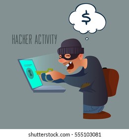 Cartoon character. Hacking. idea concept. Thief trying to hack personal information. vector illustration
