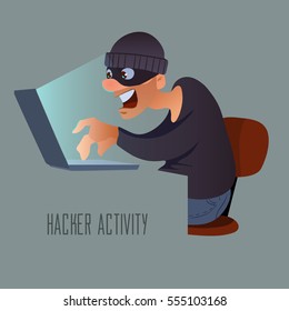 Cartoon character. Hacking. idea concept. Thief trying to hack personal information. vector illustration