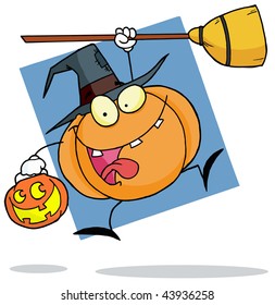 Cartoon character halloween pumkin with a broom